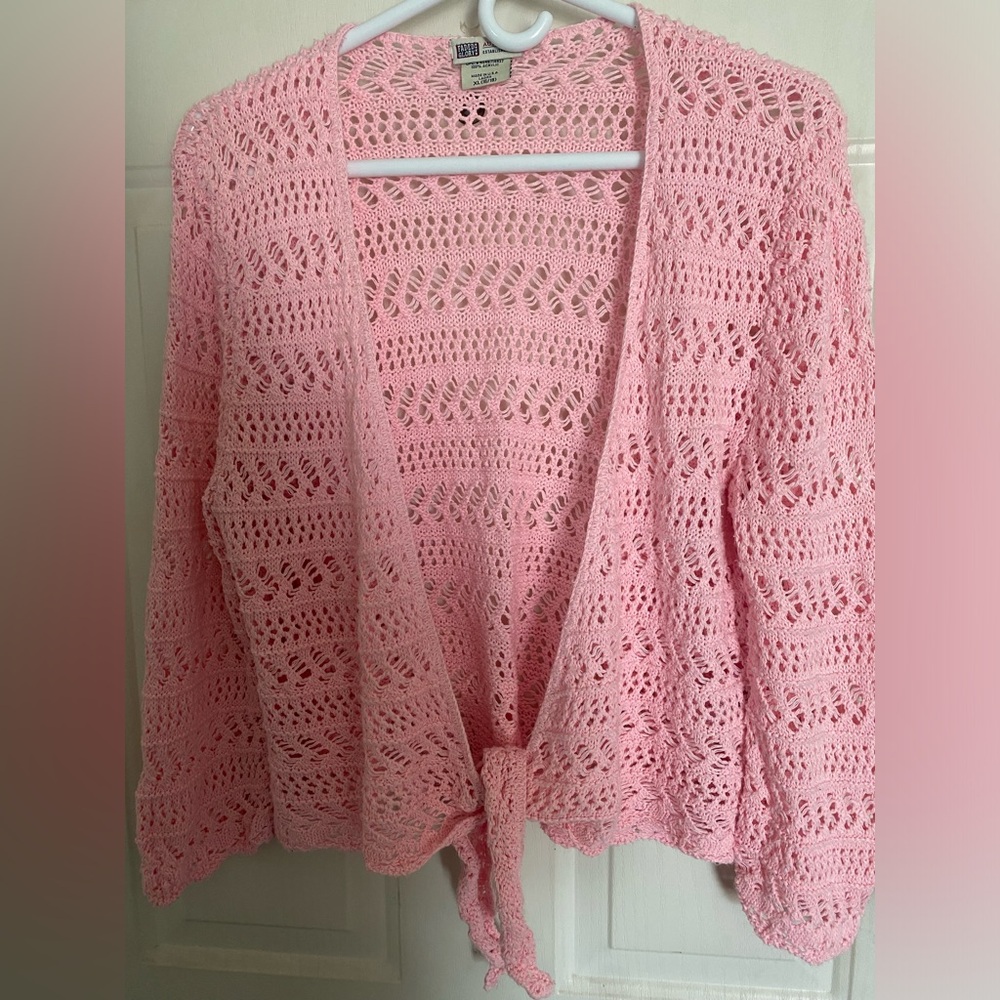 Pink cardigan.  Front tie
